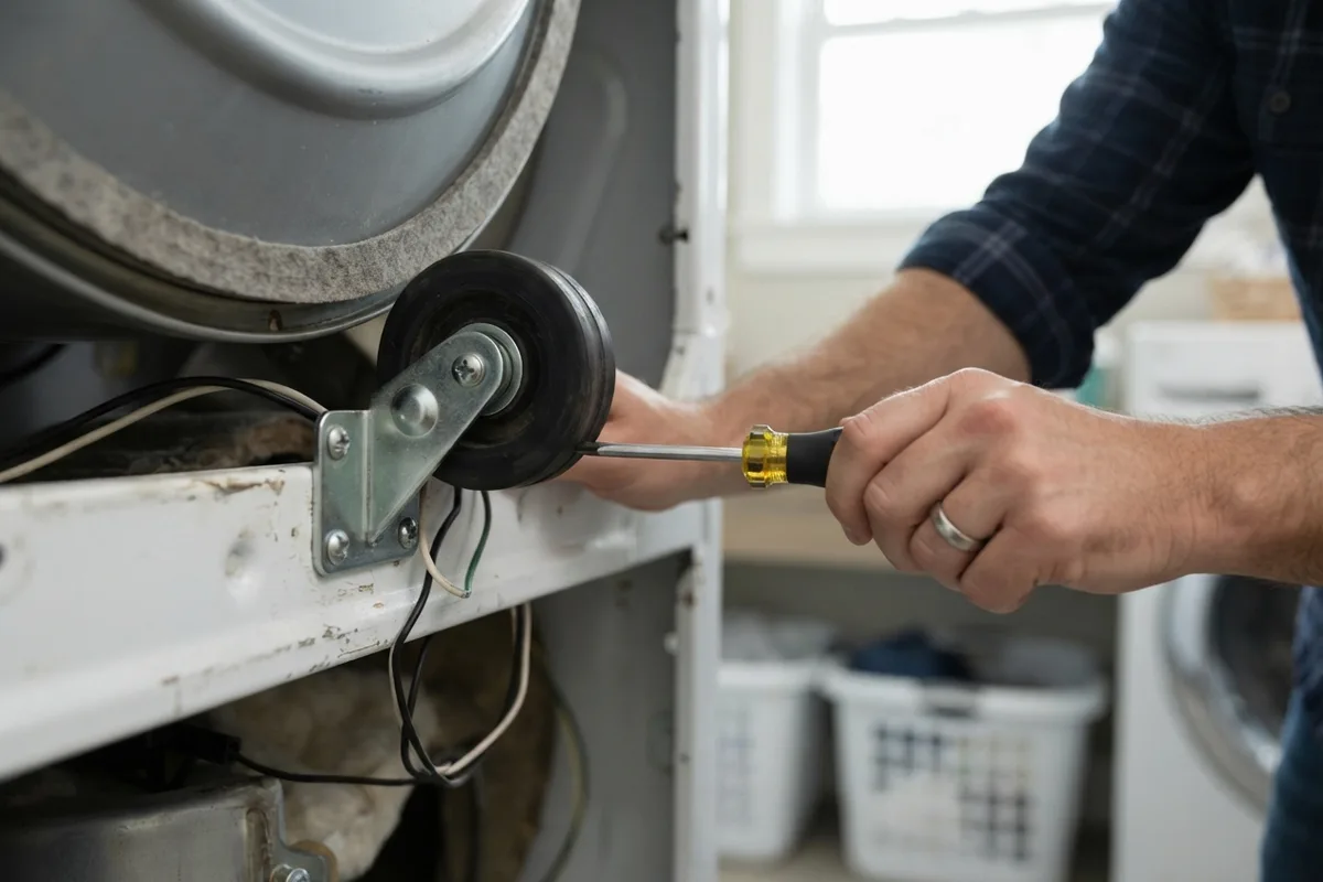 Close-up of a dryer support roller being inspected to fix a loud dryer thumping noise.
