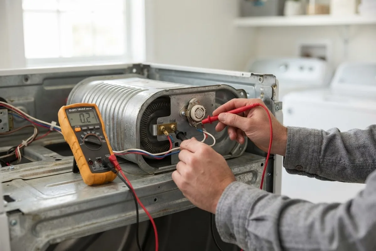 Testing an electric dryer heating element with a multimeter to fix a dryer tripping the breaker.