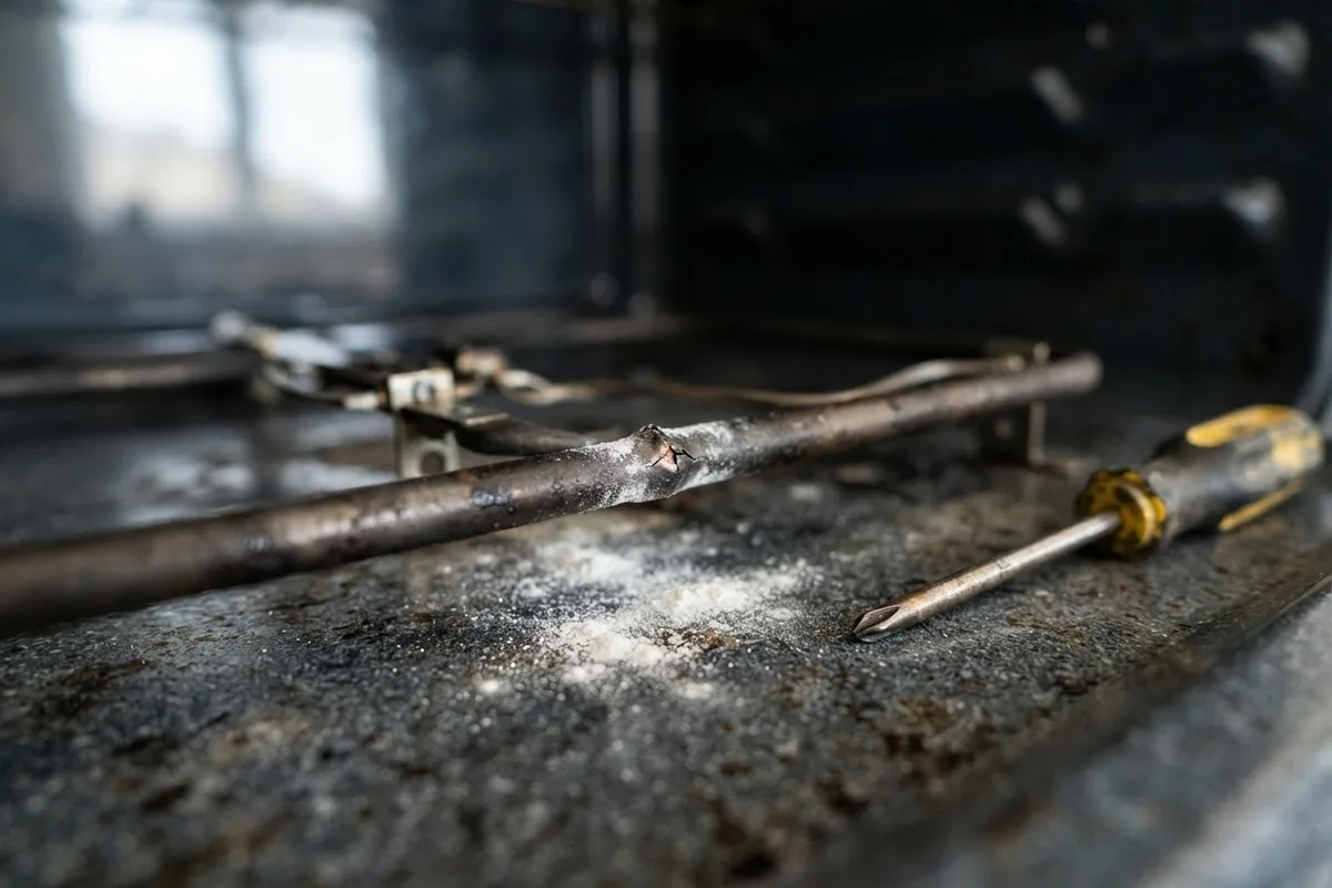 Close-up of a damaged bake element that causes an electric oven sparking issue