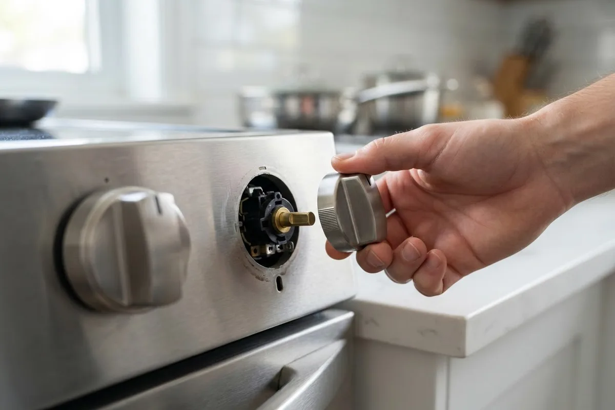 Close-up of an electric stove burner control dial being removed to inspect the infinite switch.
