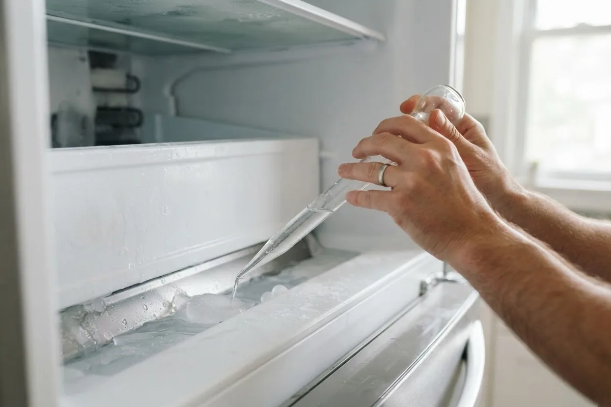 Using a turkey baster to flush a clogged defrost drain and fix a freezer leaking water