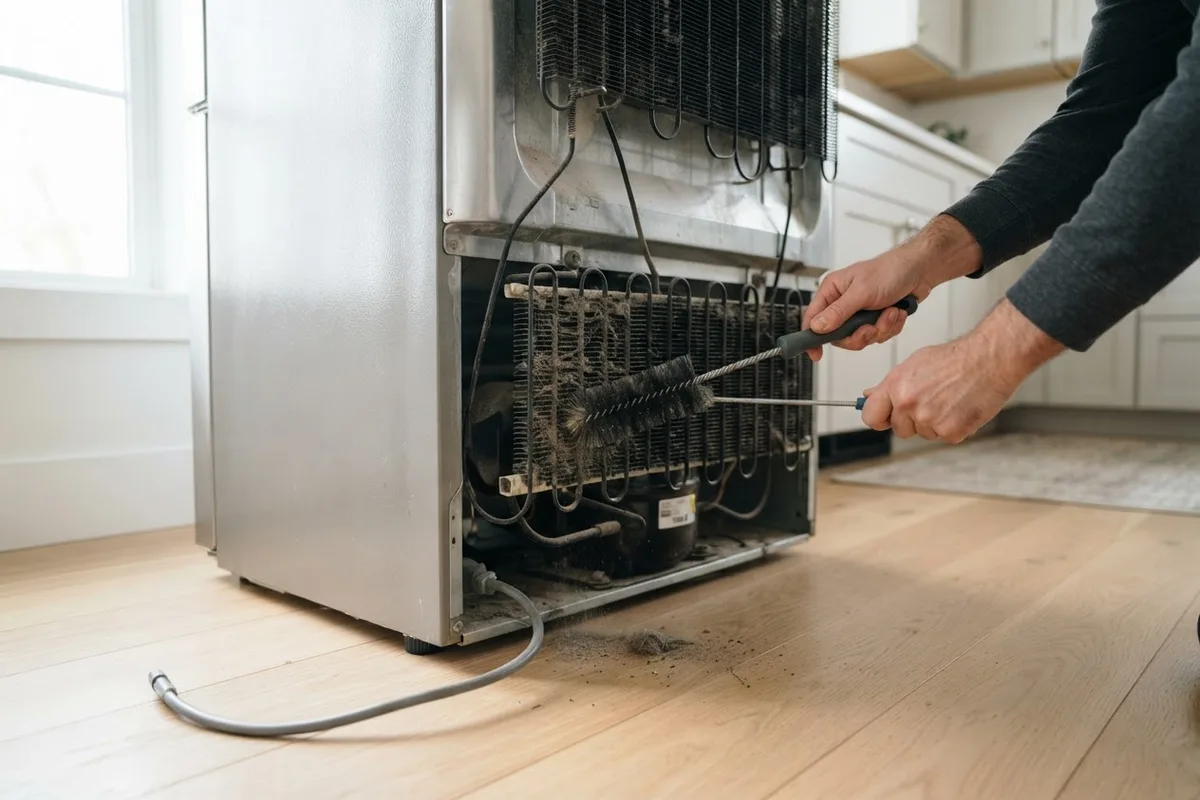 Homeowner cleaning rear coils to fix a freezer making a clicking noise