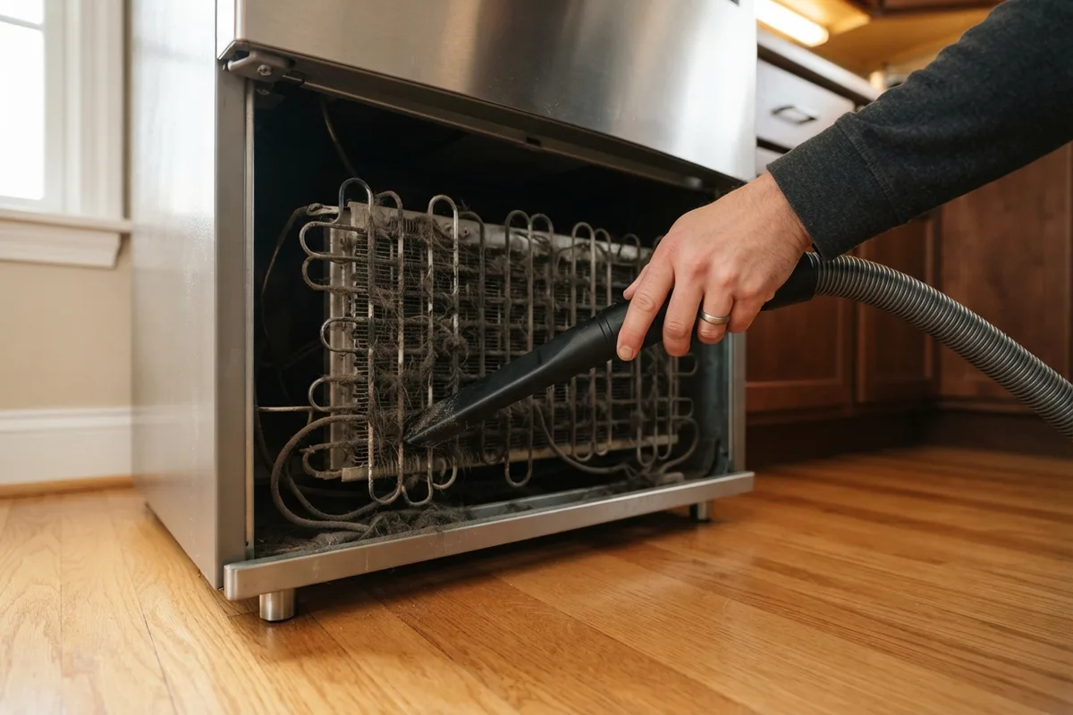 Homeowner vacuuming dust off coils to fix a freezer not freezing properly.