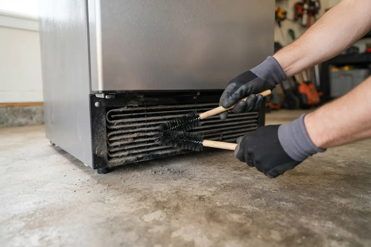 Cleaning dust from condenser coils to fix a garage refrigerator not cooling