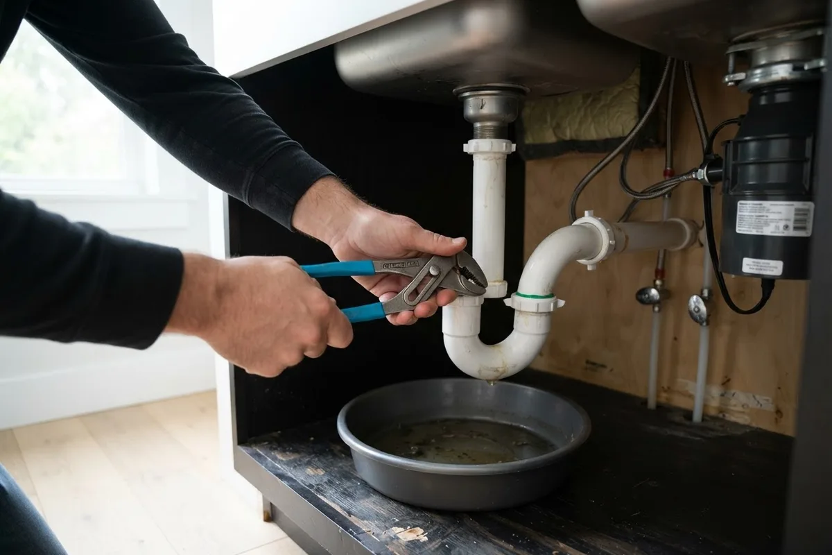Hands loosening a kitchen sink P-trap with pliers beneath a garbage disposal backing up with trapped water.