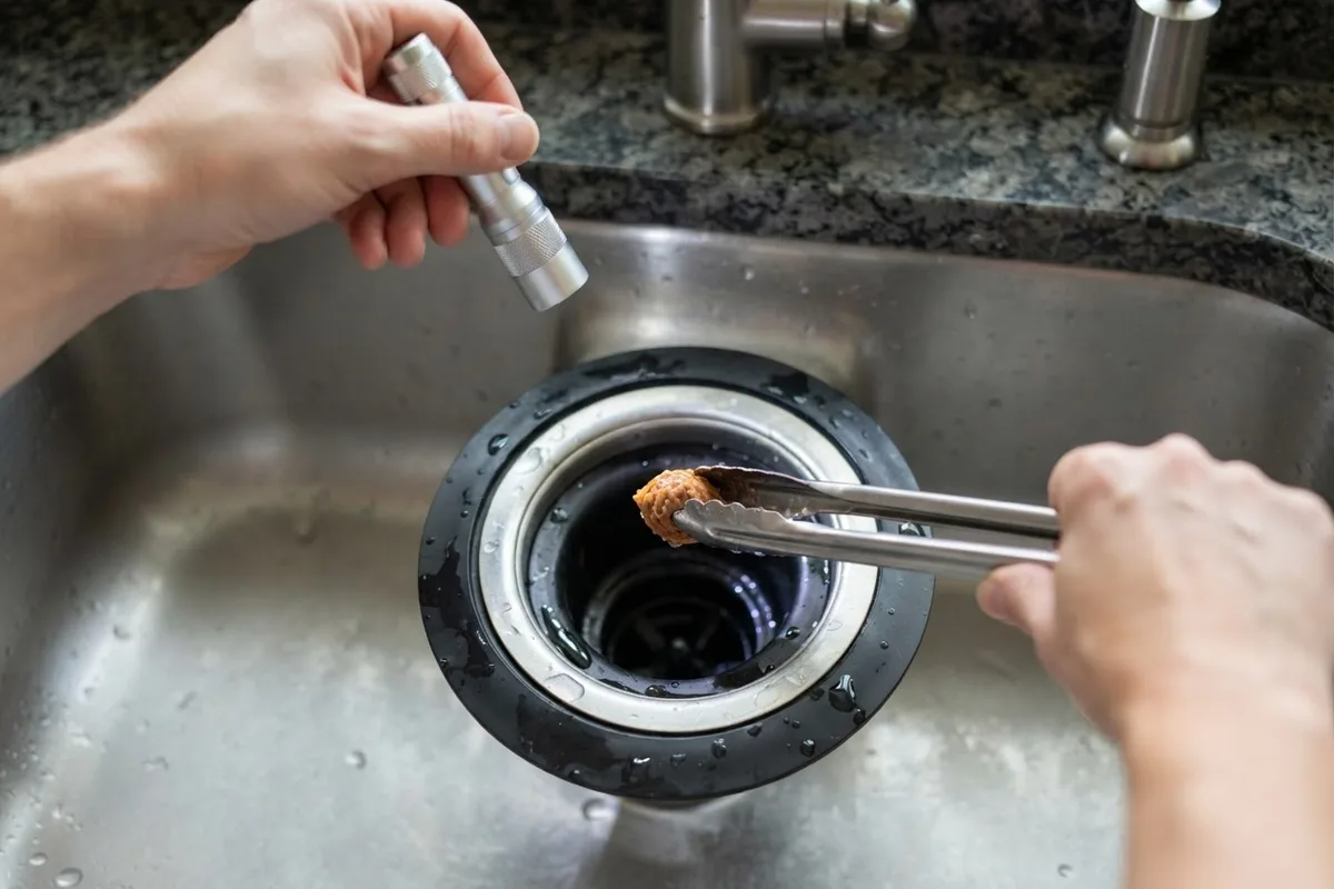 Using long kitchen tongs and a flashlight to fix why is my garbage disposal clicking by removing a pit