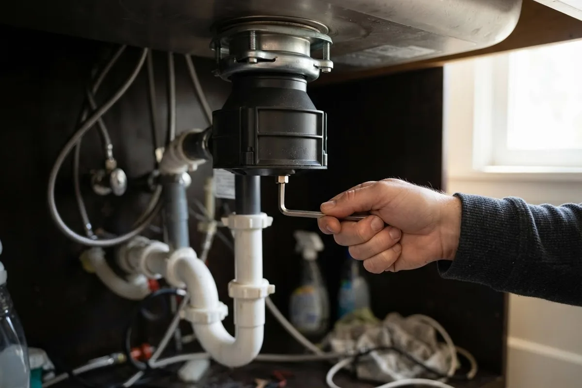 A homeowner inserting a hex wrench into the bottom of a garbage disposal humming under a sink