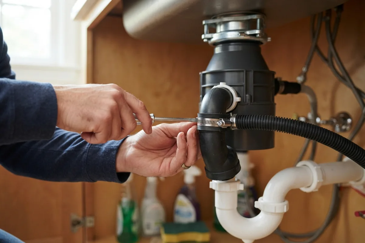 Homeowner tightening a drain pipe connection to fix a garbage disposal leaking under a kitchen sink.