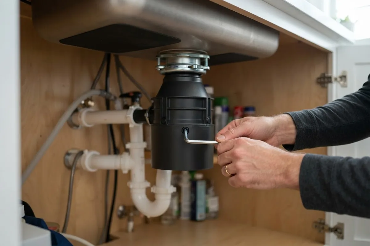 Homeowner using an Allen wrench underneath the sink to fix a garbage disposal making a grinding noise