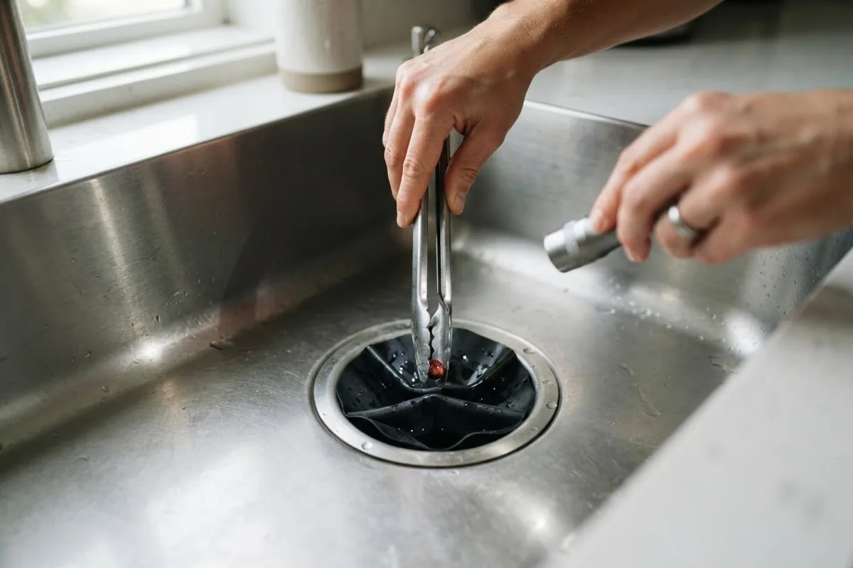 Using kitchen tongs to troubleshoot a garbage disposal making a popping noise by removing a fruit pit
