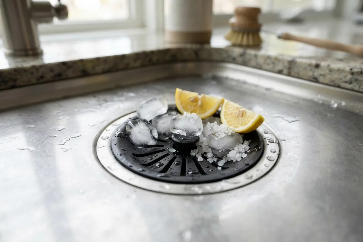 Ice cubes and lemon wedges in a sink drain to fix a garbage disposal making a squealing noise
