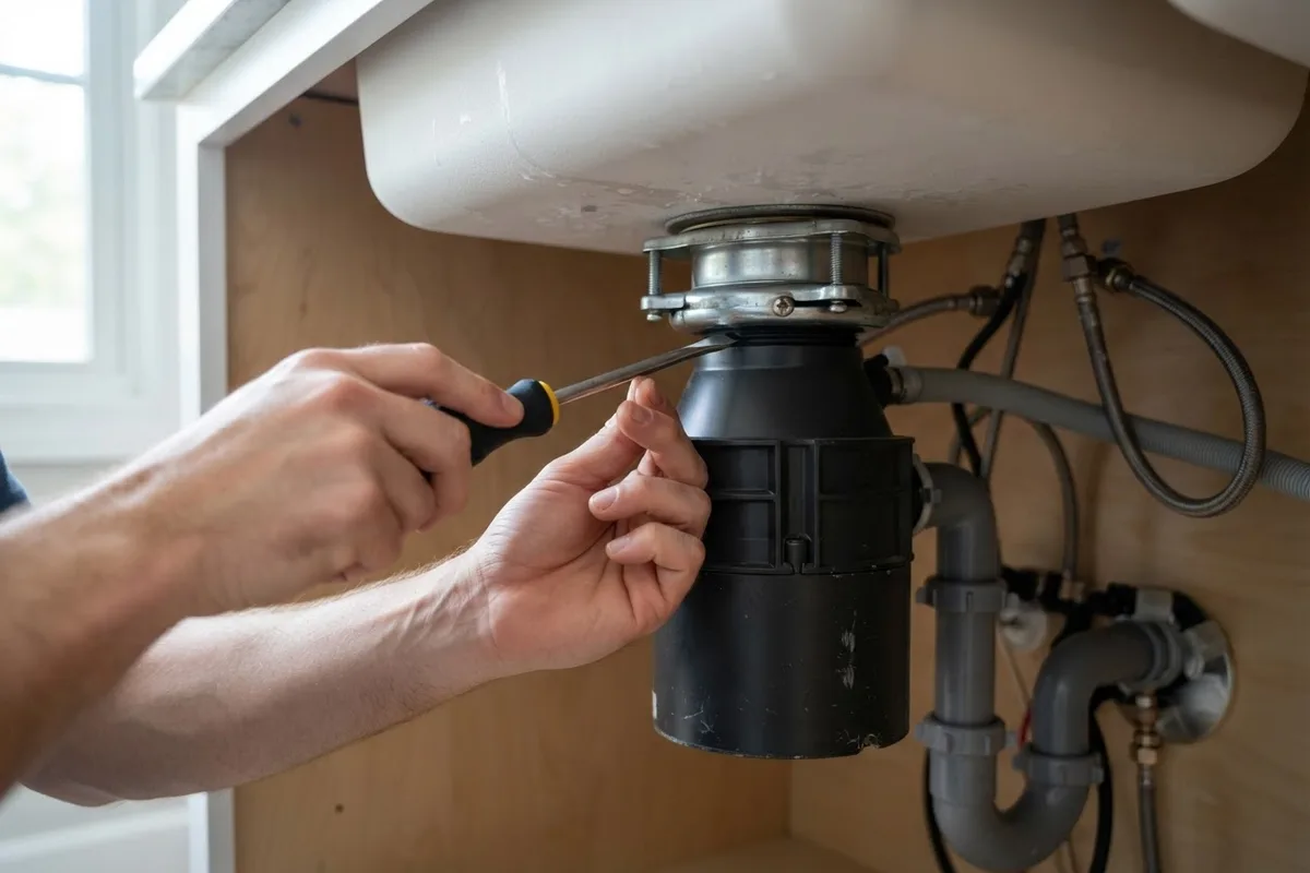 Homeowner tightening the mounting ring screws on a garbage disposal making noise under the kitchen sink
