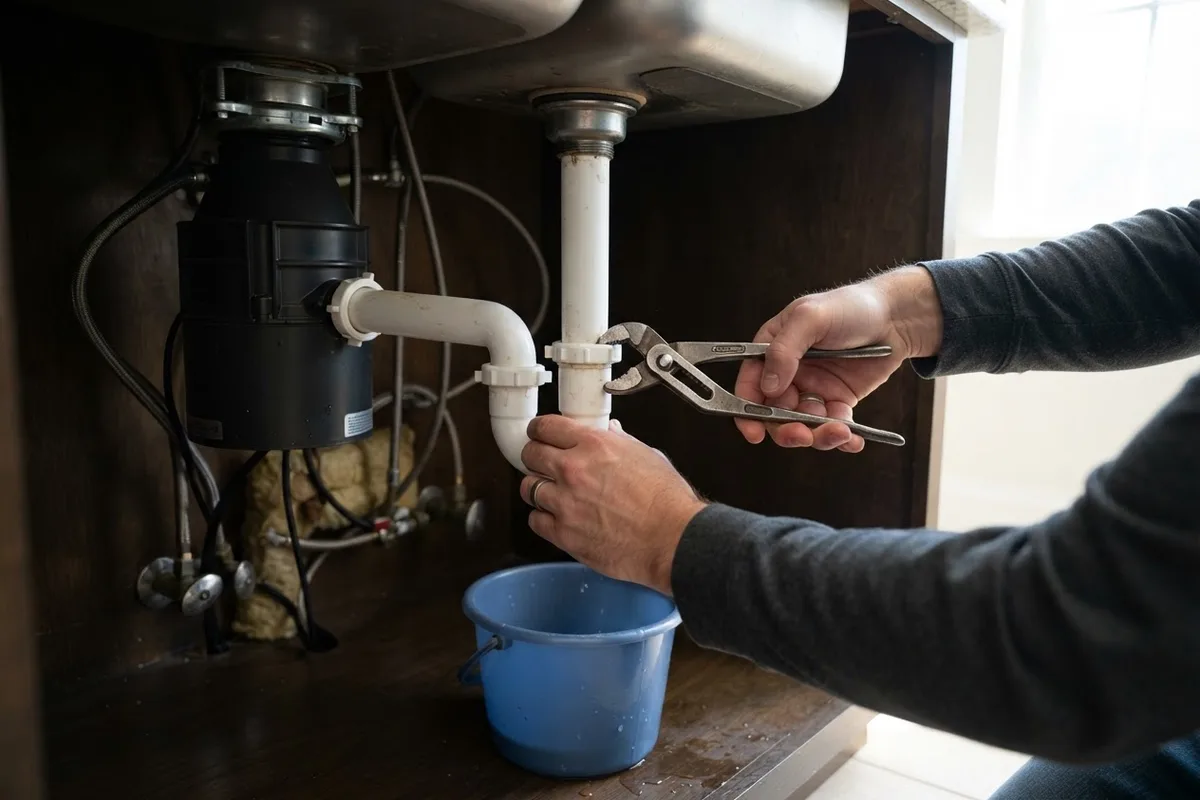 Homeowner loosening under-sink P-trap slip nut to fix a garbage disposal not draining