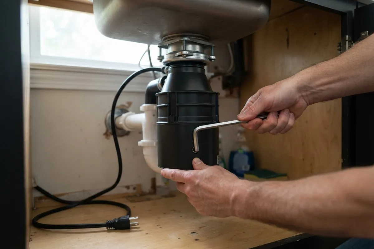Using a hex wrench to fix a garbage disposal not turning on by freeing the flywheel