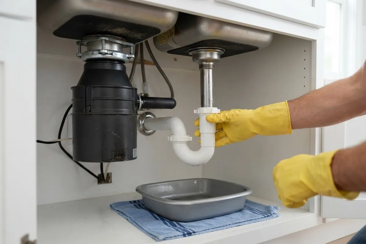 Homeowner inspecting under-sink P-trap to fix a garbage disposal spitting water