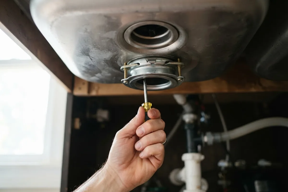Homeowner tightening mounting collar screws to fix why is my garbage disposal vibrating