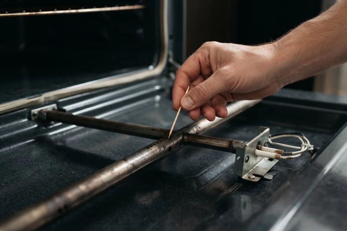Cleaning clogged burner ports to fix a gas oven making a popping noise