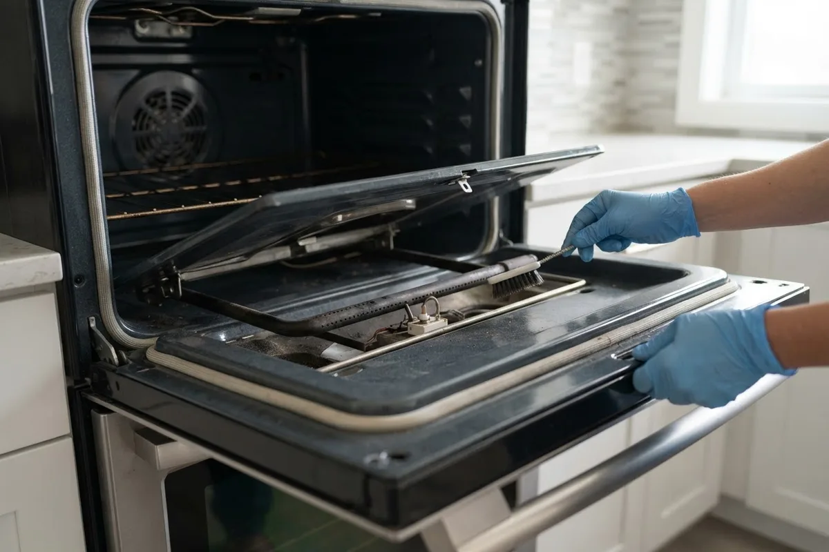 Inspecting the bake burner and igniter to fix a gas oven smelling like gas