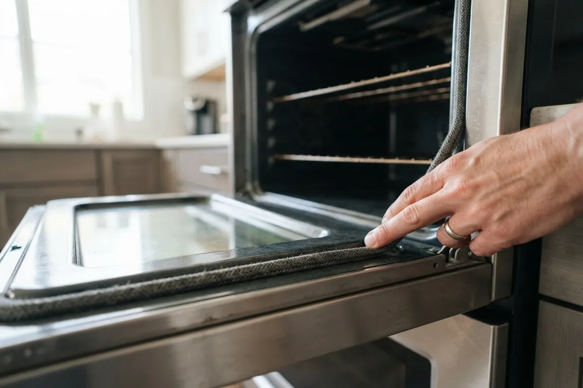 Homeowner inspecting the door gasket seal on a gas oven taking forever to preheat