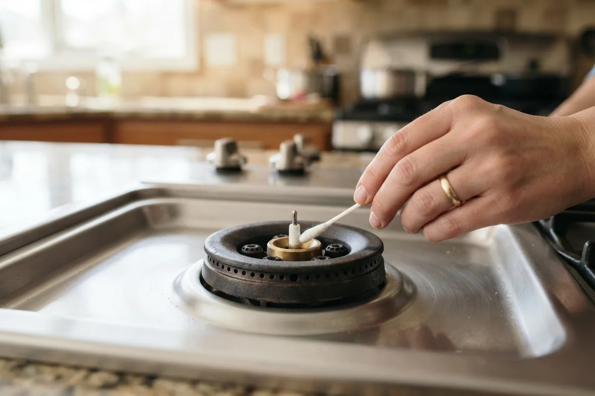 Cleaning around a gas stove ceramic igniter electrode with a swab to stop continuous burner clicking.