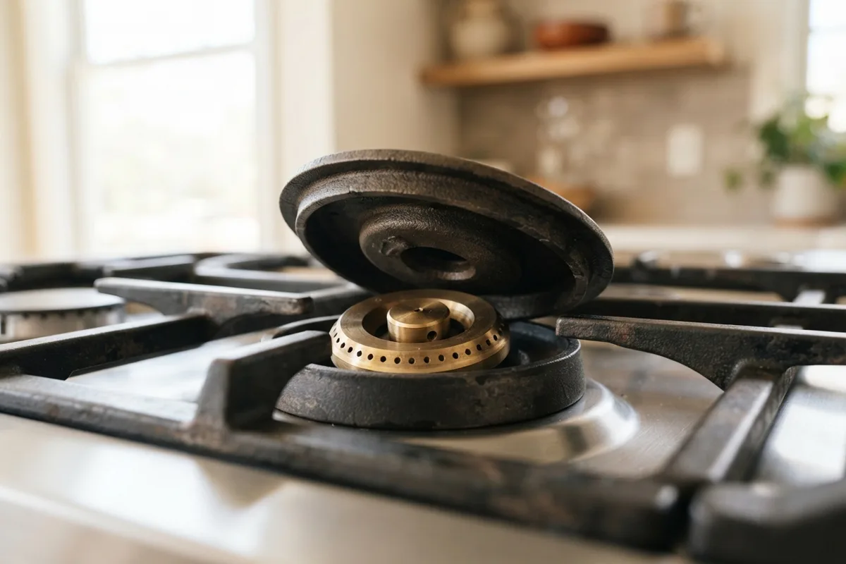 Close-up of a gas stove burner cap and brass jet orifice being inspected for low flame troubleshooting.