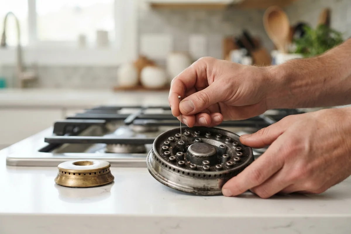 A homeowner cleaning clogged burner ports on a gas cooktop burner head to fix a yellow gas stove flame.