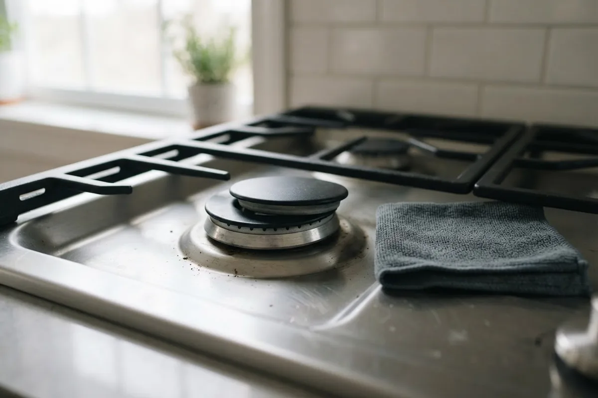 Misaligned burner cap on a stainless steel cooktop that causes a gas stove making a hissing noise