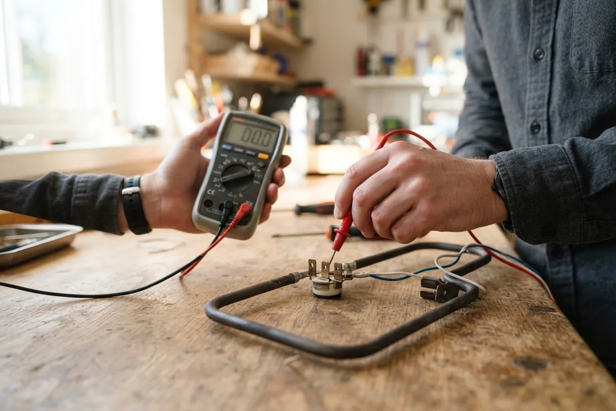 Testing an oven broil element for continuity using a digital multimeter to troubleshoot a broiler not working