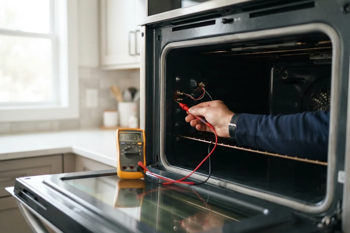 Testing an oven temperature sensor with a multimeter to fix an oven burning food.