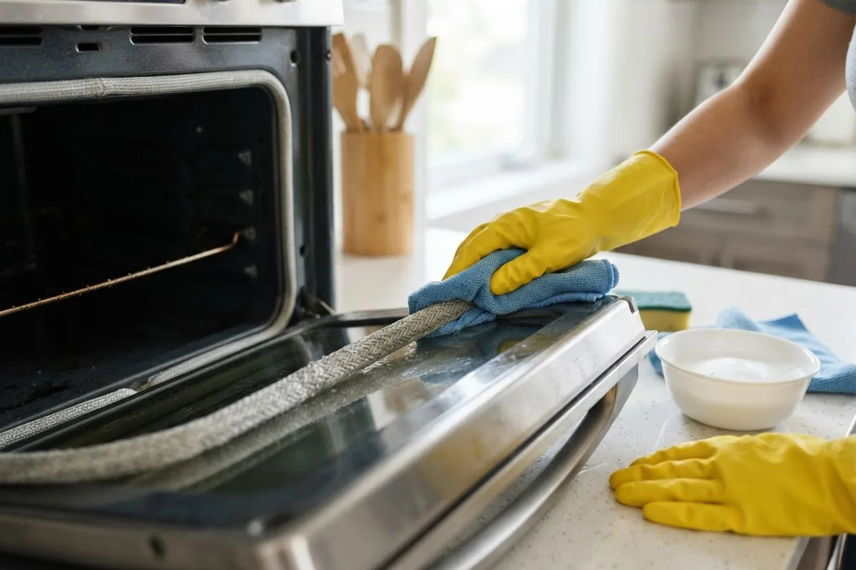 Homeowner cleaning grease off the gasket to fix an oven door leaking heat