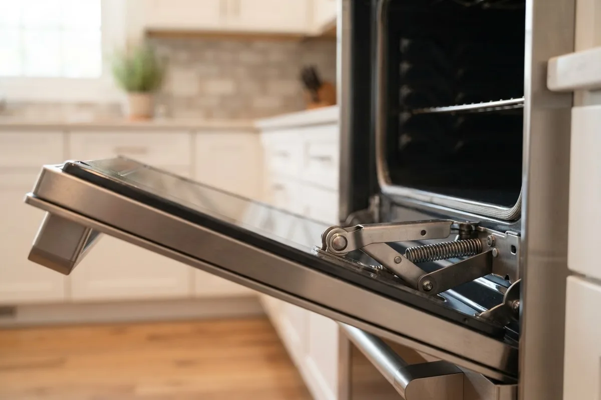 Close-up of an oven door hinge and frame seal to troubleshoot why an oven door not closing tightly.