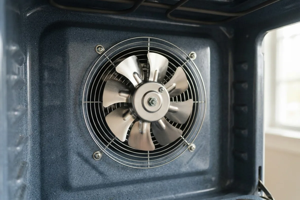 Close-up of an oven convection fan assembly inside a modern kitchen range for inspecting oven noise causes.