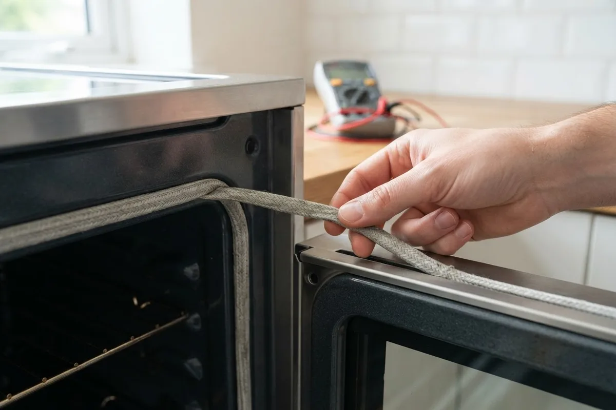 Close-up inspection of an oven door gasket to fix an oven not reaching temperature in a home kitchen.