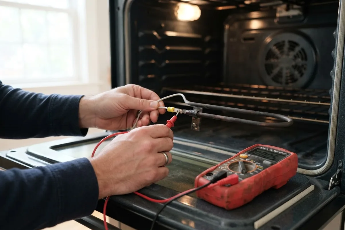 Testing an electric heating element with a digital multimeter for an oven not turning off.