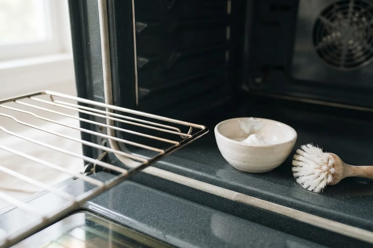 Applying baking soda paste to fix a stuck oven rack along the interior side rail