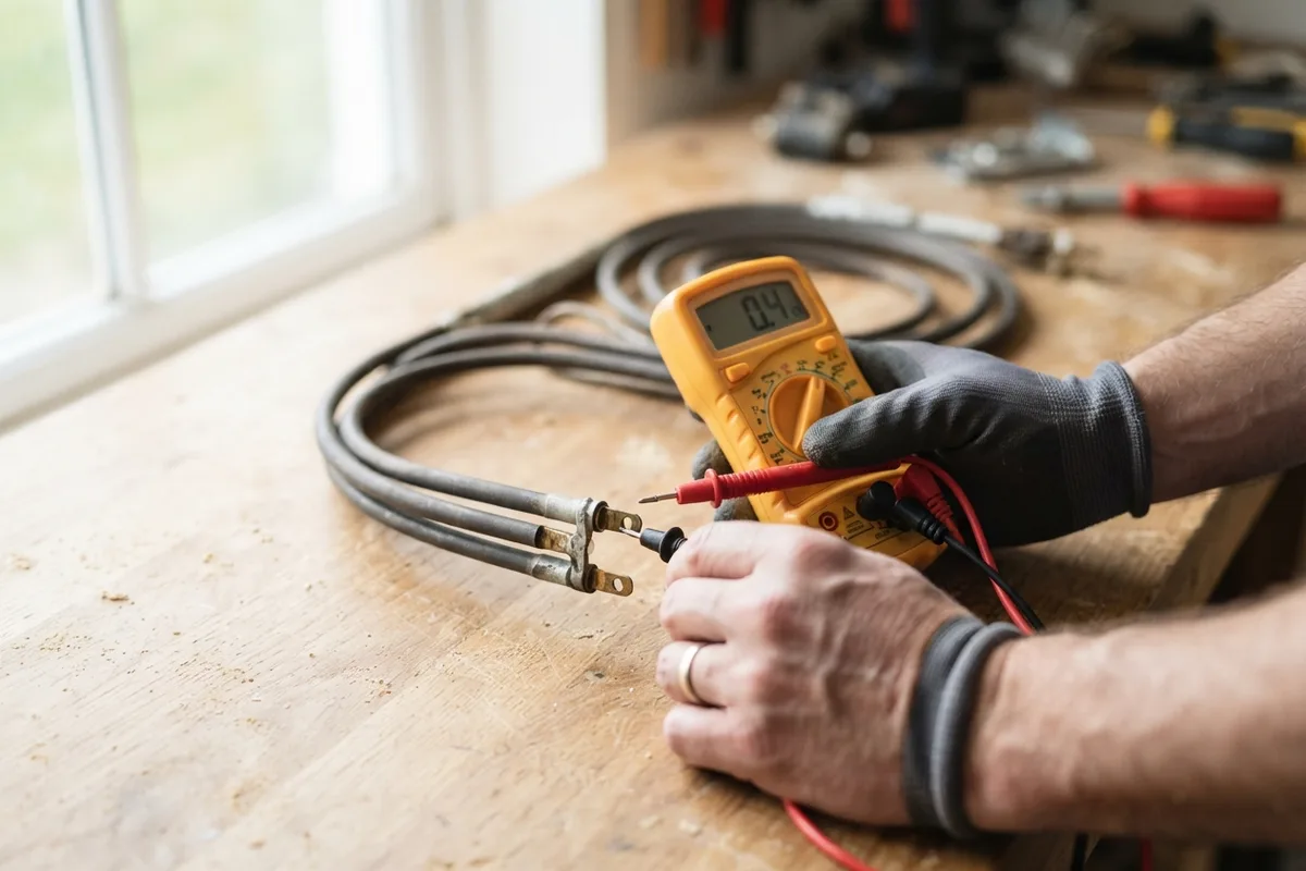 Technician testing resistance on an electric oven heating element with a digital multimeter.