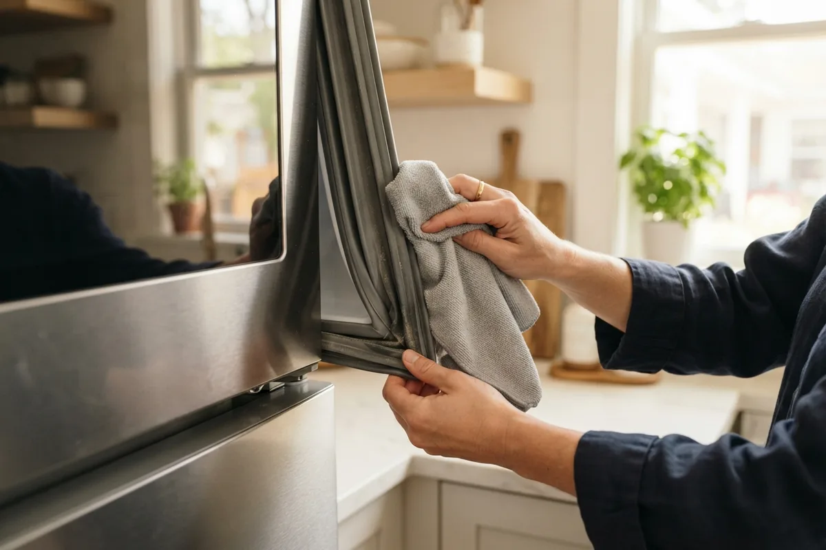 Close up of homeowner cleaning a refrigerator door gasket seal to fix warning alarms and stop beeping