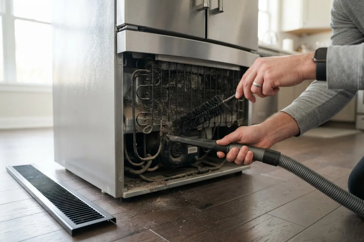 Cleaning dusty coils to fix a refrigerator cold but freezer warm issue
