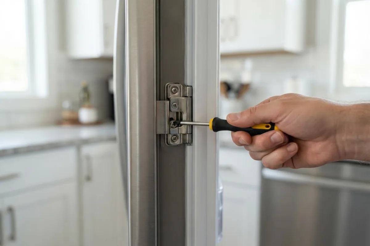 A homeowner adjusting the hinge screw on a stainless steel refrigerator door to fix alignment and seal issues.