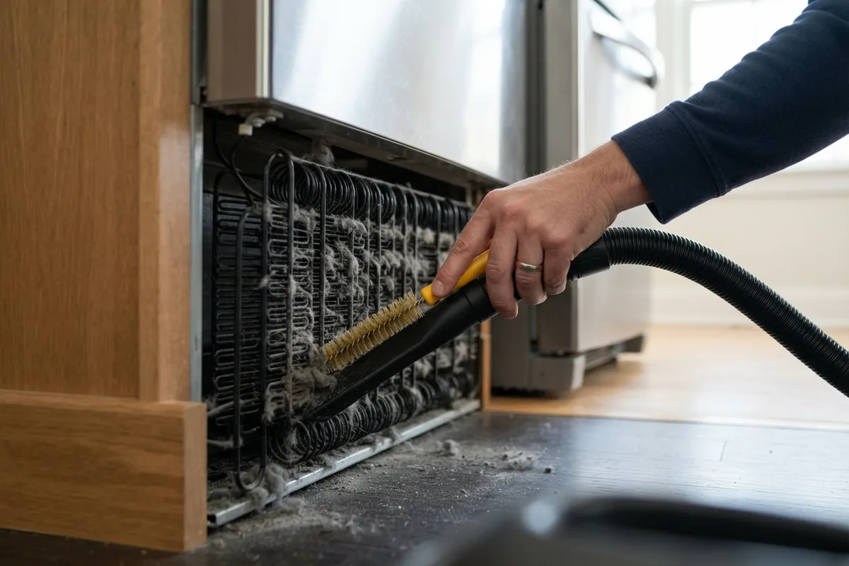 Close-up of a homeowner cleaning dirty refrigerator condenser coils to stop the drain pan from overflowing
