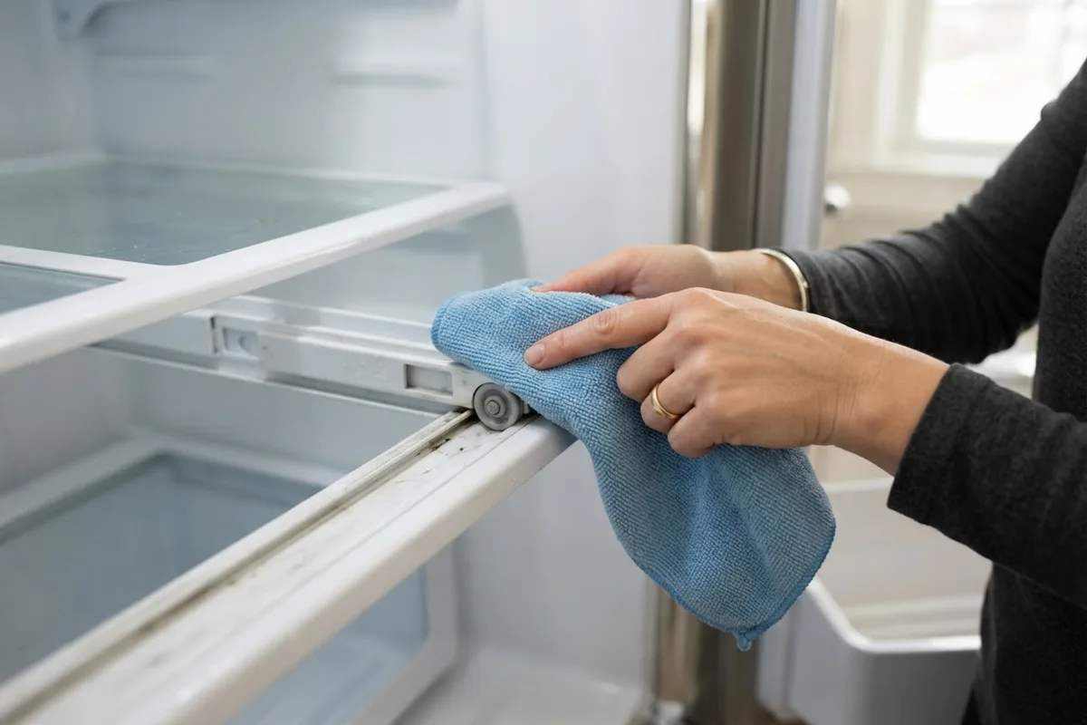 Cleaning a side glide track with a microfiber cloth to fix a refrigerator drawer stuck on sticky residue