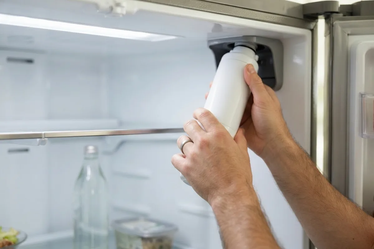 Homeowner replacing a clogged water filter to fix a refrigerator ice maker making noise