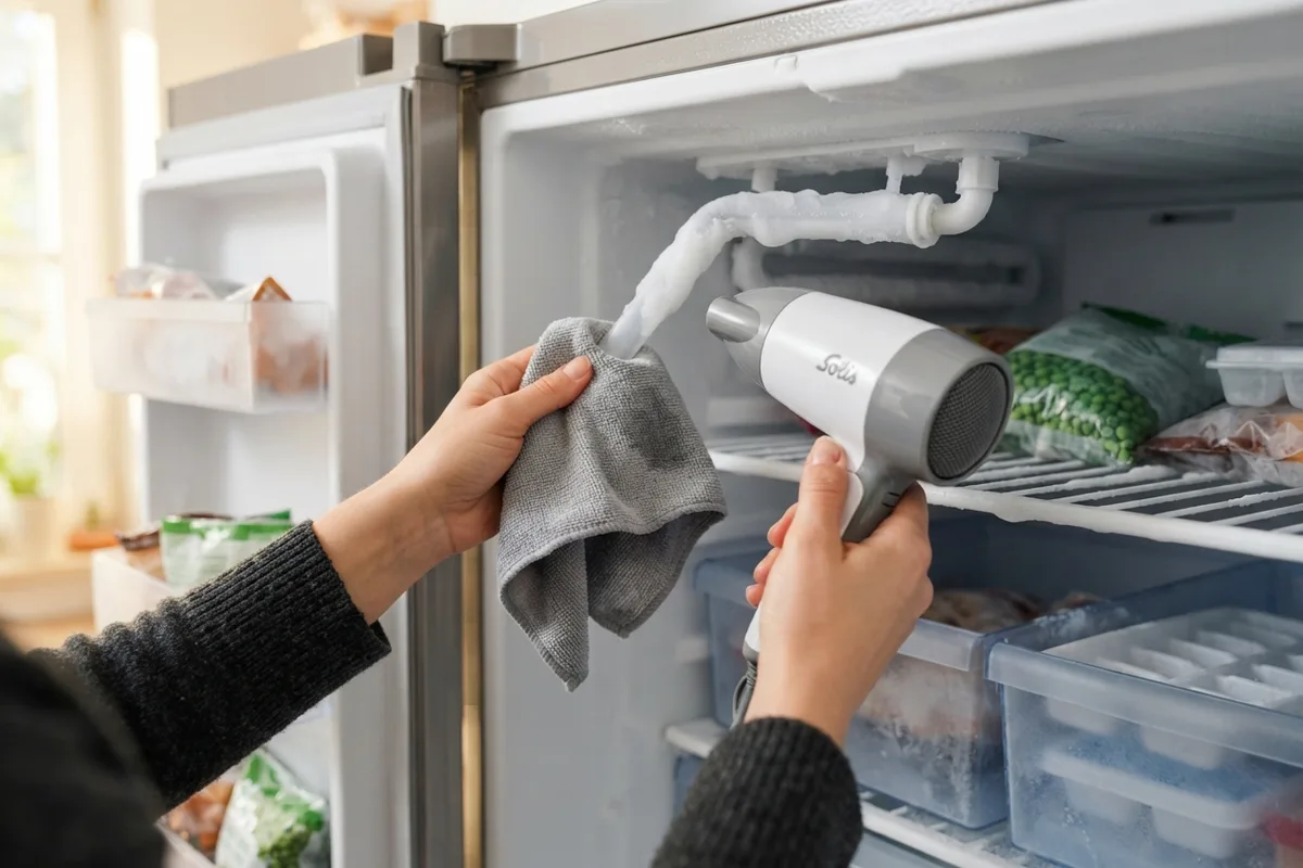 A homeowner thawing a frozen water fill tube inside a refrigerator freezer compartment.