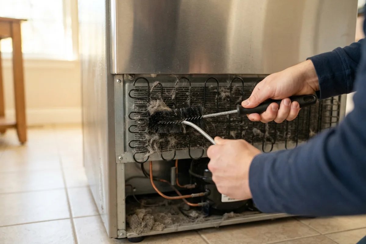 Cleaning dust off condenser coils to fix a refrigerator not cooling properly.
