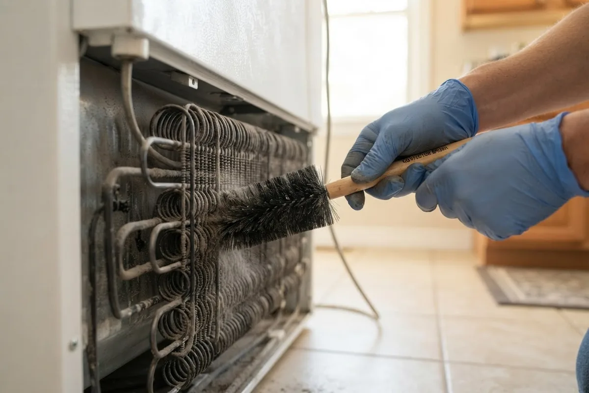 Cleaning dust from refrigerator condenser coils using a flexible coil brush.