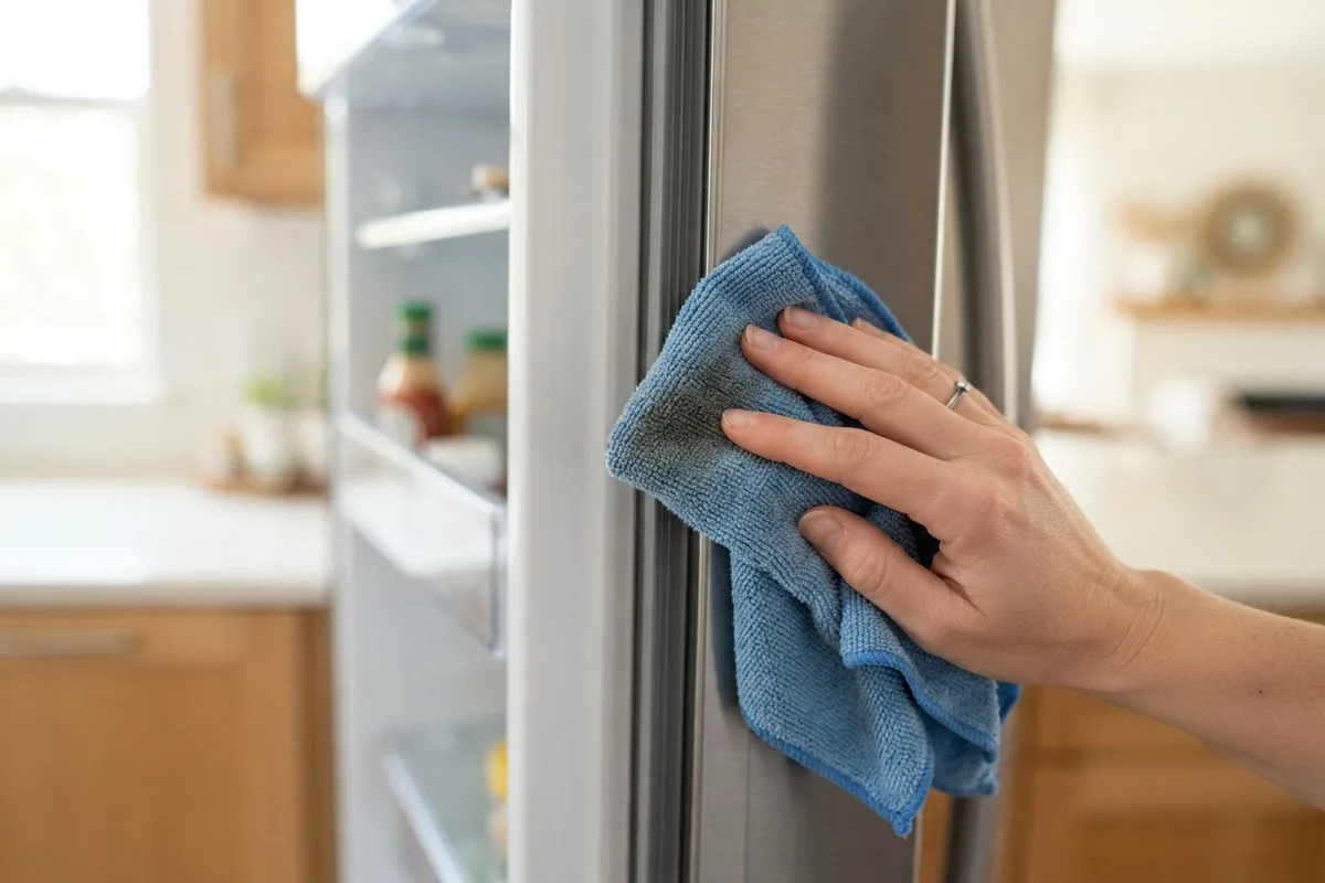 Close-up of cleaning a refrigerator door gasket seal to fix interior sweating and condensation.