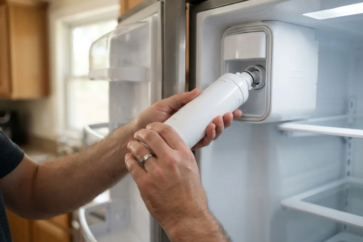 Hands installing a new white water filter cartridge inside a refrigerator cabinet to fix water flow.