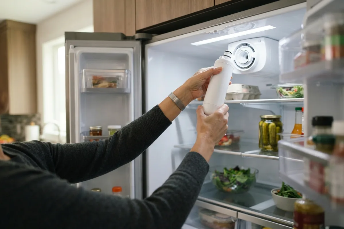 Homeowner installing a fresh water filter cartridge inside a refrigerator to fix a slow water dispenser.