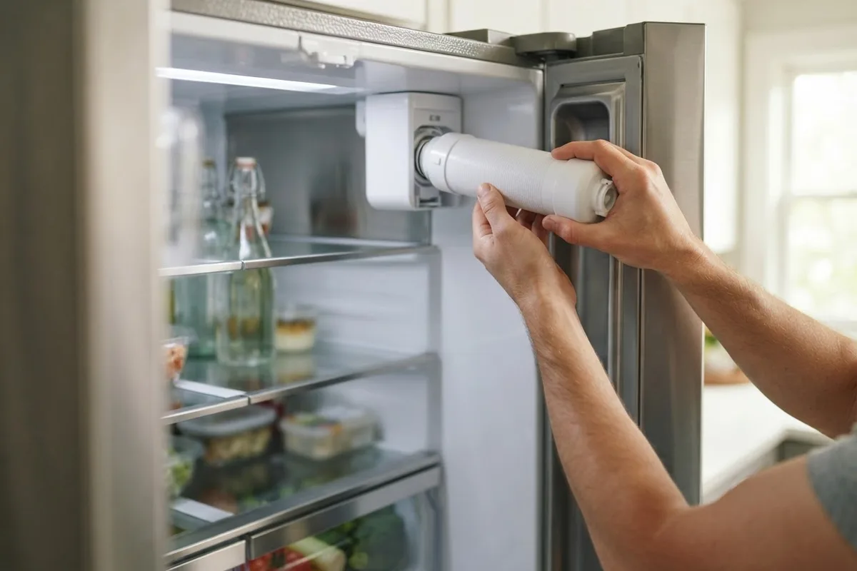 Homeowner replacing a fridge water filter to fix refrigerator water tasting bad