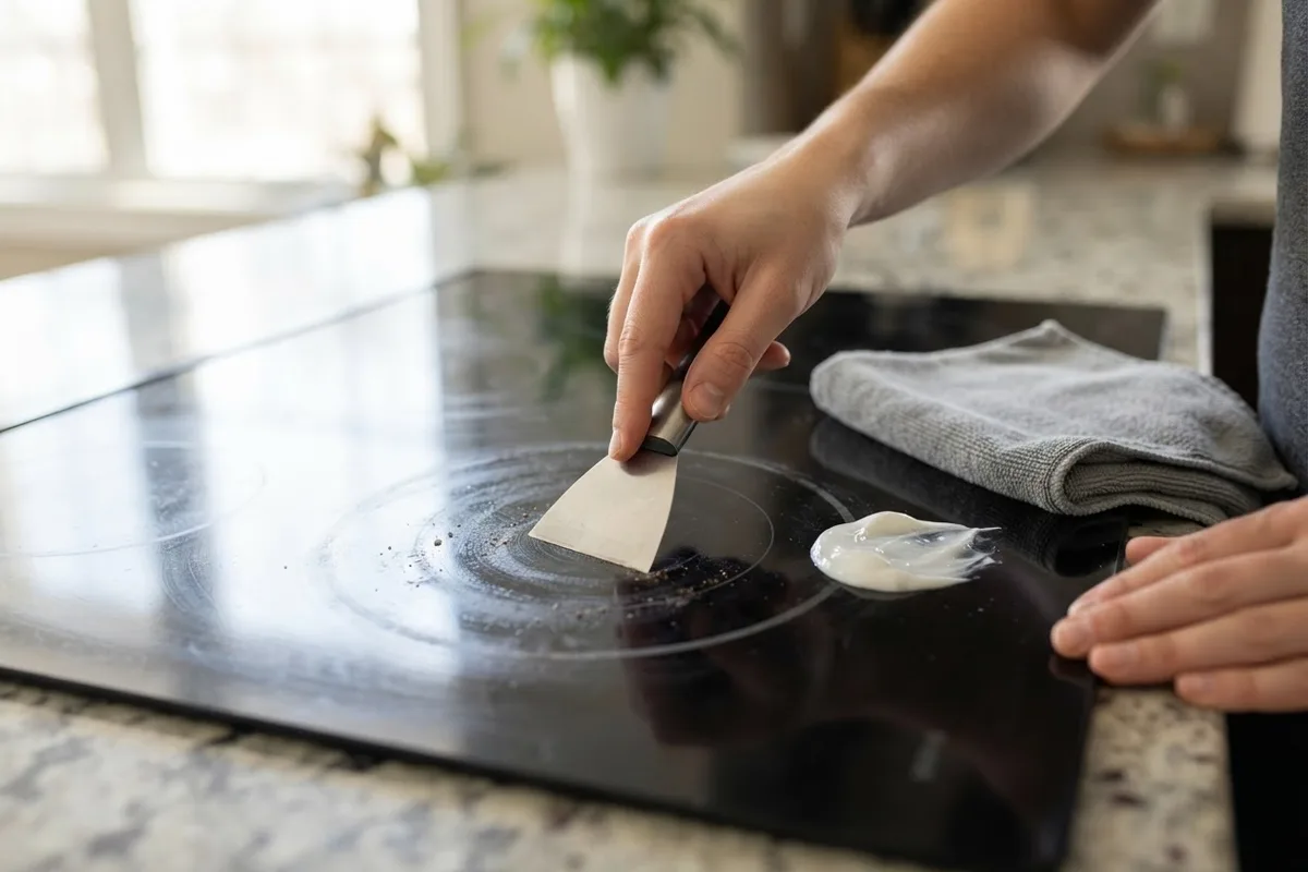 Hands using a scraper and cream to fix a stove burner smoking on a glass cooktop